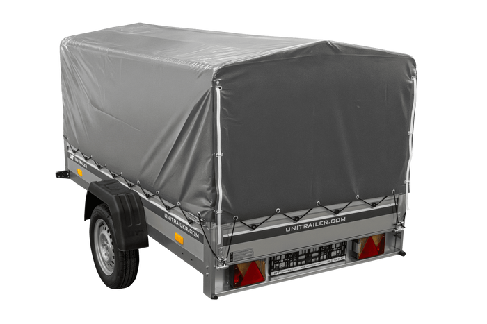 Einachsanhänger mit ALU-Bordwänden 230x125 Unitrailer Garden 230 KIPP ALU mit H-800 Rahmen und grauer Plane