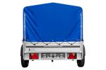 Autotransportanhänger auf Federn mit Aluminiumseitenwänden 200x125 Unitrailer Garden 201/R KIPP ALU mit H-800 Rahmen und blauer Plane