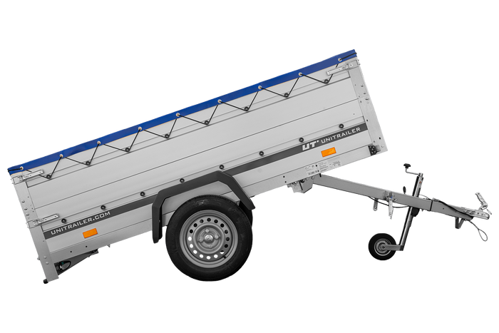 Einachsanhänger mit Aluminiumseitenwänden 230x125 Unitrailer Garden 230 KIPP ALU mit BIS-Seitenwänden, H-0-Rahmen und blauer Plane