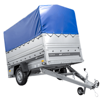 Einachsiger Anhänger auf Blattfedern 230x125 UNITRAILER FORCE 230/R KIPP mit BIS-Seitenwänden, H-800-Rahmen und blauer Plane