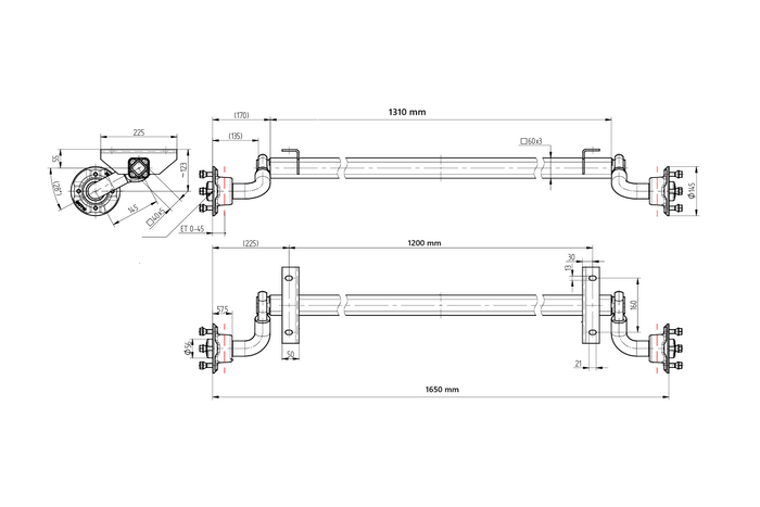 KNOTT VG7-L ungebremste Achse für Anhänger 750 kg 1200 mm 1650 mm 4x100