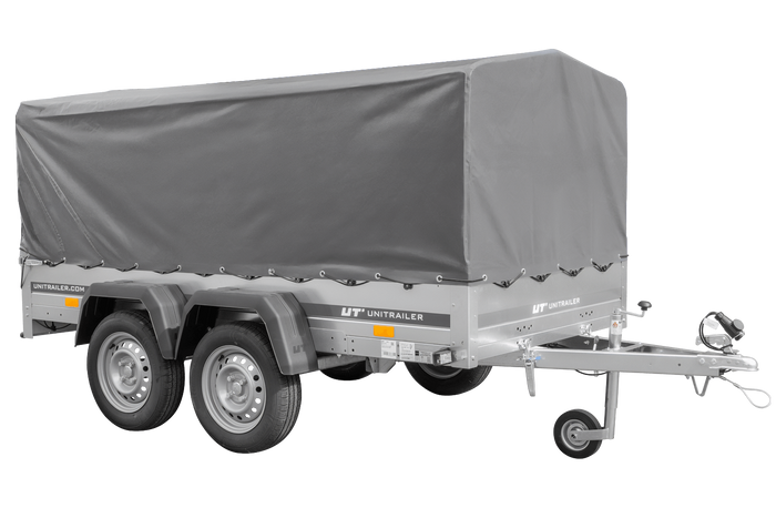 UNITRAILER GARDEN TRAILER ANHÄNGER 264/2 KIPP MIT STÜTZRAD, SPRIEGEL UND GRAUER PLANE