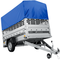 Autotransportanhänger auf Federn 230x125 UNITRAILER FORCE 230/R KIPP mit Gitterwänden, H-800 Rahmen und blauer Plane