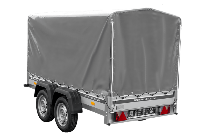 Zweiachsiger Anhänger mit Aluminiumseitenwänden 264x125 Unitrailer Garden 264/2 KIPP ALU mit Rahmen H-1100 und grauer Plane