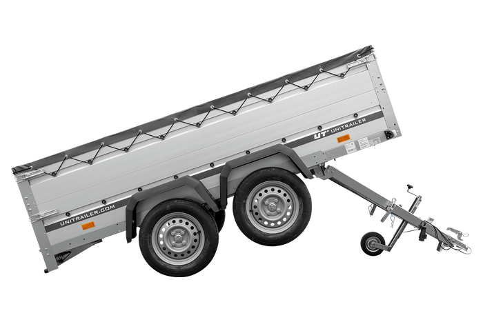 Zweiachsiger Anhänger mit Aluminiumseitenwänden 264x125 Unitrailer Garden 264/2 KIPP ALU mit BIS-Seitenwänden, H-0-Rahmen und grauer Plane