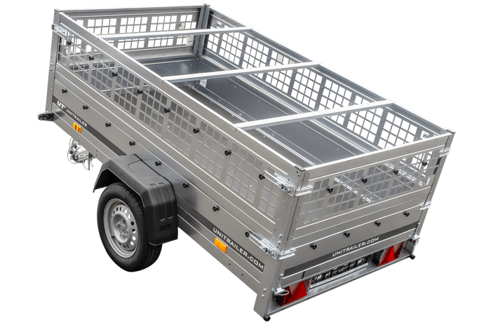 PKW-Anhänger 230x125 UNITRAILER GARDEN 230 KIPP mit Gitterwänden und blauer Abdeckung
