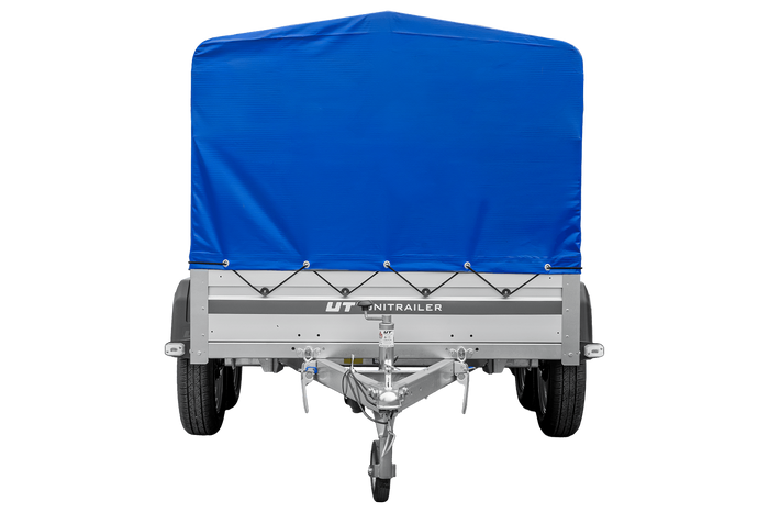 Zweiachsiger Anhänger mit Aluminiumseitenwänden 264x125 Unitrailer Garden 264/2 KIPP ALU mit H-800 Rahmen und blauer Plane