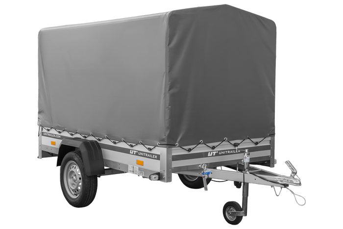 Autotransportanhänger mit Aluminiumwänden 230x125 Unitrailer Garden 230 KIPP ALU mit H1100-Rahmen und grauer Plane