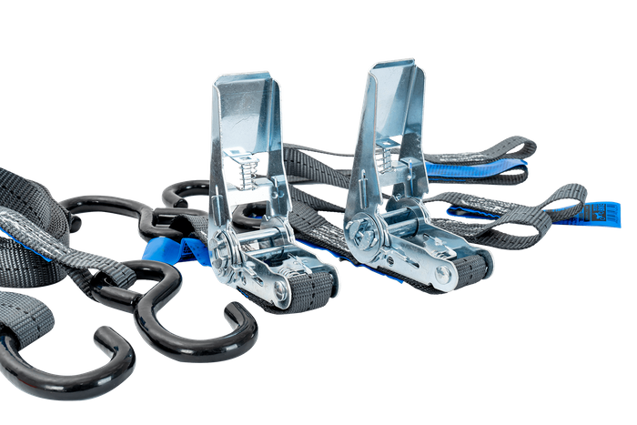 Set aus zwei HILLS 3m/25mm/1t Transportgurten mit Spanner und zwei 0,45m Gurten zur Sicherung des Motorrades