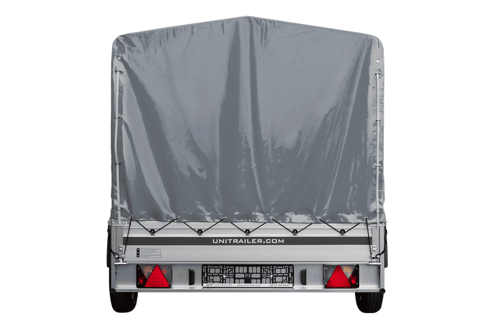 Autotransportanhänger mit Aluminiumseitenwänden 264x150 Unitrailer Garden 265 KIPP ALU mit H-1100 Rahmen und grauer Plane