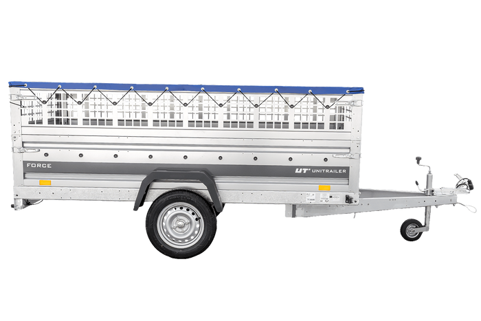 Einachsanhänger 264x125 UNITRAILER FORCE 264 KIPP mit Gitterwänden, H-0-Rahmen und blauer Plane