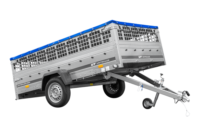 Anhänger 264x150 UNITRAILER GARDEN 265 KIPP mit Gitteraufsatz, Flachplanenträgern und blauer Plane