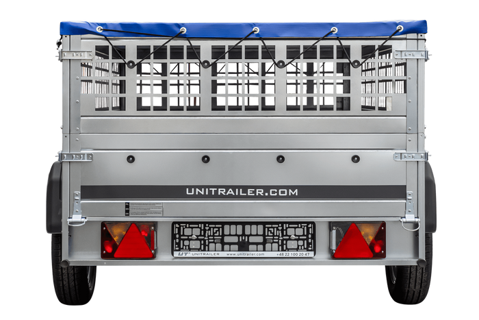 PKW-Anhänger 230x125 UNITRAILER GARDEN 230 KIPP mit Gitterbordwänden und blauer Plane