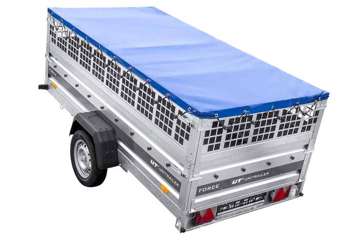 Einachsiger Anhänger auf Blattfedern 264x125 UNITRAILER FORCE 264/R KIPP mit Gitterseitenwänden, H-0-Rahmen und blauer Plane