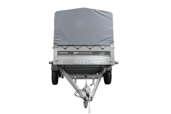 Einachsiger Anhänger mit Blattfedern 264x125 UNITRAILER FORCE 264/R KIPP mit H-800 Spriegel und grauer Plane