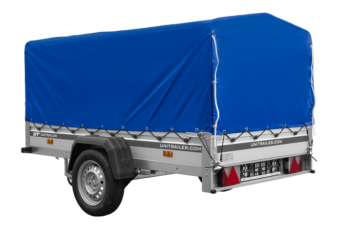 Einachsiger Anhänger auf Blattfedern mit Aluminiumseitenwänden 230x125 Unitrailer Garden 230/R KIPP ALU mit H-800 Rahmen und blauer Plane