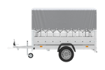 Planenanhänger 230x125 Garden Trailer 230 KIPP mit Laubgitteraufsatz, grauer Hochplane, Hochspriegel und Stützrad