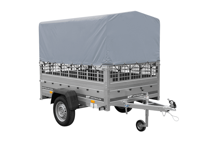 PKW-Anhänger 200x125 UNITRAILER GARDEN 201 KIPP mit Gitteraufsatz und grauer Hochplane