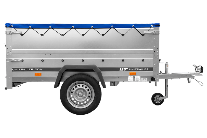 Autotransportanhänger 200x125 UNITRAILER GARDEN 201 KIPP mit BIS-Seitenwänden und blauer Plane