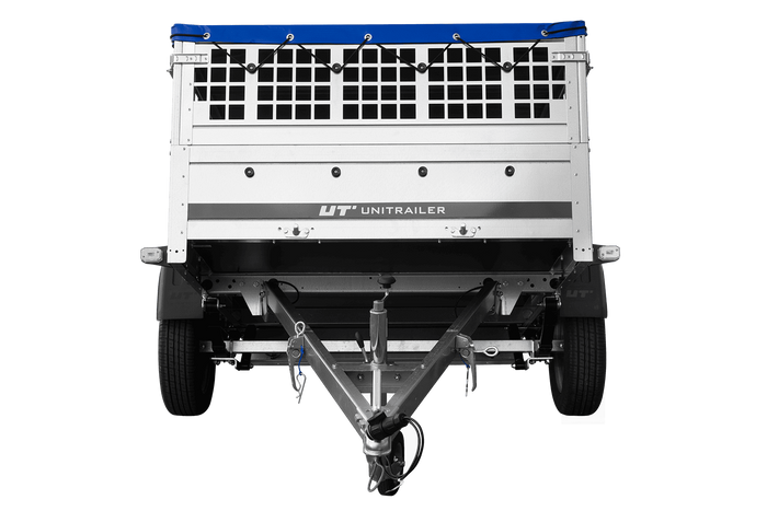 PKW-Anhänger auf Federn 200x125 UNITRAILER GARDEN 201/R KIPP mit Gitterwänden, H-0-Rahmen und blauer Plane