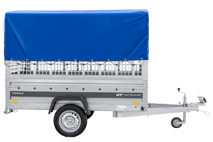Einachsanhänger 230x125 UNITRAILER FORCE 230 KIPP mit Gitterseitenwänden, H-0-Rahmen und blauer Plane