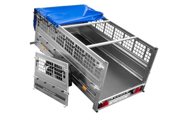 Leichter Anhänger 200x106 UNITRAILER GARDEN 200 KIPP mit Gitterwänden, H-0-Rahmen und blauer Plane