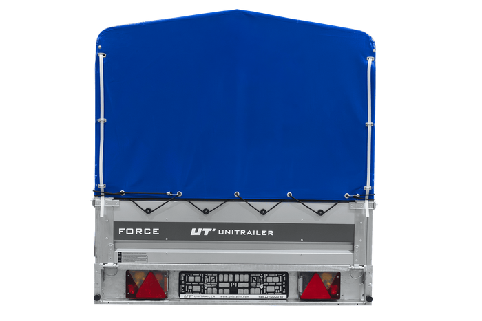 Einachsiger Anhänger mit Blattfedern 264x125 UNITRAILER FORCE 264/R KIPP mit H-800 Spriegel und blauer Plane