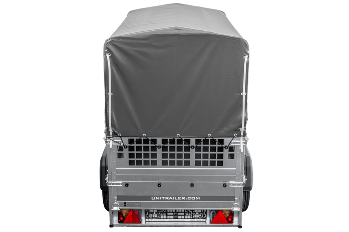 Autotransportanhänger 200x106 UNITRAILER GARDEN 200 KIPP mit Gitterwänden, H-800 Rahmen und grauer Plane