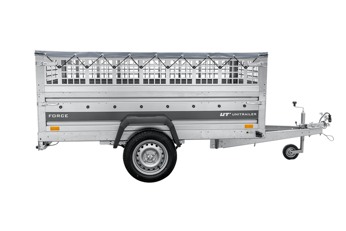 Leichter Anhänger auf Federn 230x125 UNITRAILER FORCE 230/R KIPP mit Gitterwänden, H-0-Rahmen und grauer Plane