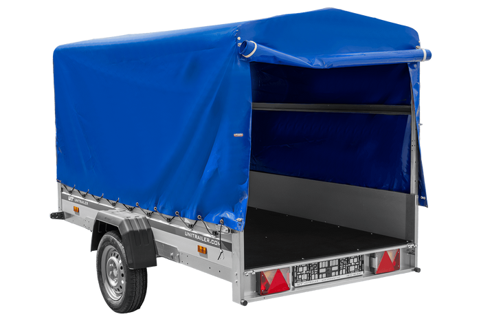 Autoanhänger mit Aluminiumseitenwänden 264x125 Unitrailer Garden 264 KIPP ALU mit H-1100 Rahmen und blauer Plane