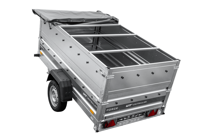 Leichter Anhänger 230x125 UNITRAILER FORCE 230 KIPP mit BIS-Seitenwänden, H-0-Rahmen und grauer Plane