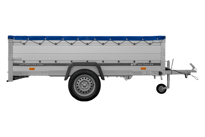Einachsanhänger mit Aluminiumseitenwänden 264x150 Unitrailer Garden 265 KIPP ALU mit BIS-Seitenwänden, H-0-Rahmen und blauer Plane