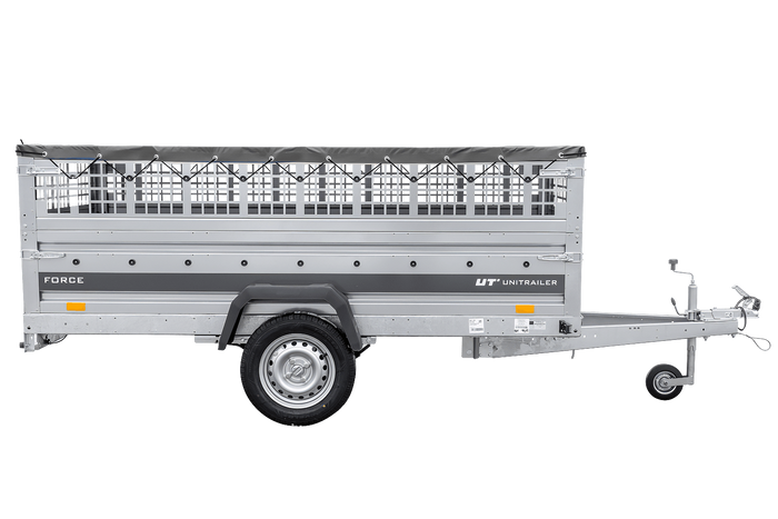 Einachsiger Anhänger auf Blattfedern 264x125 UNITRAILER FORCE 264/R KIPP mit Gitterseitenwänden, H-0-Rahmen und grauer Plane