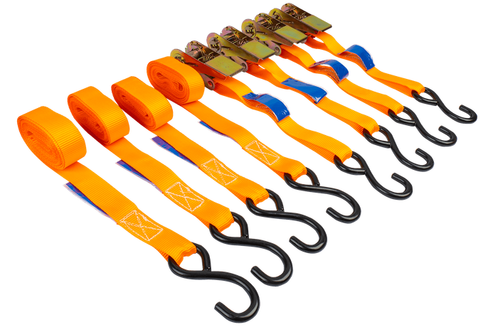 Satz aus vier UNITRAILER 4m/25mm/0,68t orangefarbenen Transportgurten mit Spannvorrichtung