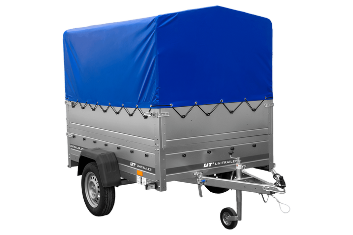 Einachsanhänger 200x125 UNITRAILER GARDEN 201 KIPP mit BIS-Seitenwänden, H-800-Rahmen und blauer Plane