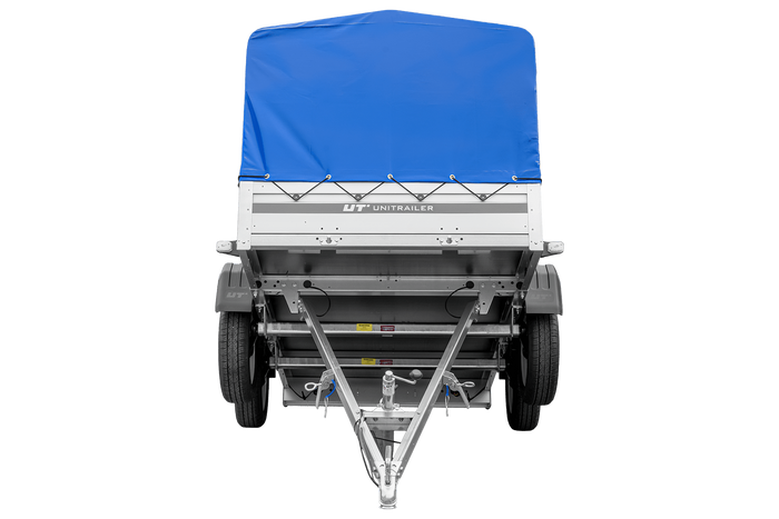 Zweiachsiger Anhänger mit Aluminiumseitenwänden 264x125 Unitrailer Garden 264/2 KIPP ALU mit H-800 Rahmen und blauer Plane