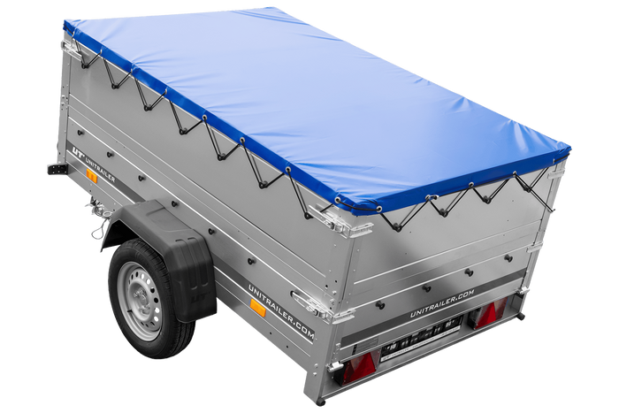 Autotransportanhänger 200x125 UNITRAILER GARDEN 201 KIPP mit BIS-Seitenwänden und blauer Plane
