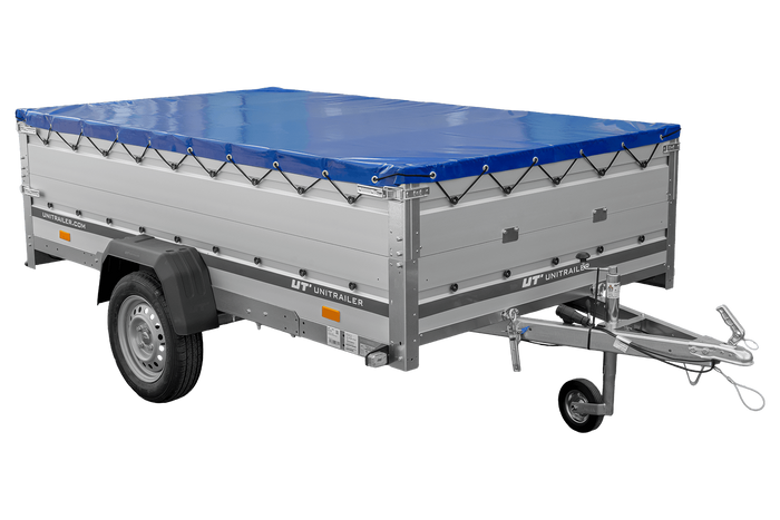 Einachsanhänger mit Aluminiumseitenwänden 264x150 Unitrailer Garden 265 KIPP ALU mit BIS-Seitenwänden, H-0-Rahmen und blauer Plane