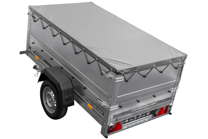 Gartenanhänger 200 Kipp mit Stützrad, zwei Seitenwänden, H-0-Rahmen und grauer Plane