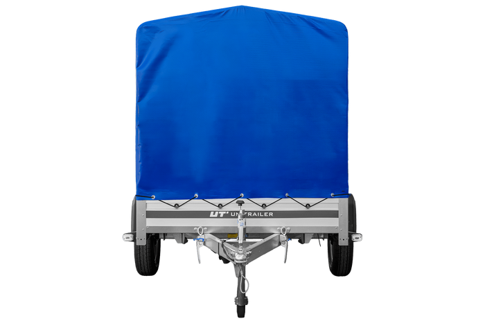 Autotransportanhänger mit Aluminiumwänden 230x125 Unitrailer Garden 230 KIPP ALU mit H1100-Rahmen und blauer Plane