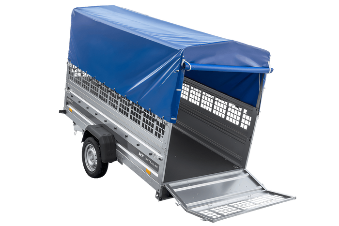 Autotransportanhänger auf Federn 264x125 UNITRAILER FORCE 264/R KIPP mit Gitterwänden, H-800 Rahmen und blauer Plane