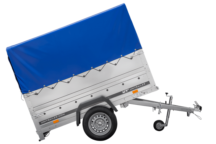 Gartenanhänger 200 Kipp mit Stützrad, zusätzlichen Bordwänden, H-800-Rahmen und blauer Plane