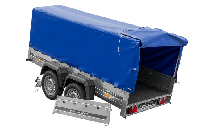 UNITRAILER GARDEN TRAILER ANHÄNGER 264/2 KIPP MIT STÜTZRAD, RAHMEN H-800 UND BLAUER ABDECKUNG