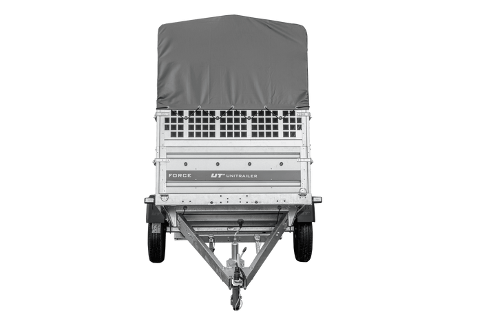 Autotransportanhänger 264x125 UNITRAILER FORCE 264 KIPP mit Gitterwänden, H-800 Rahmen und grauer Plane