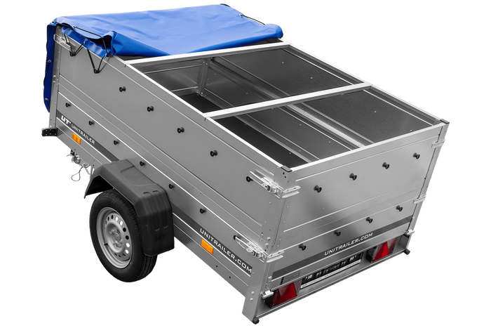 Autotransportanhänger 200x125 UNITRAILER GARDEN 201 KIPP mit BIS-Seitenwänden und blauer Plane
