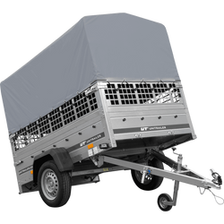 Einachsanhänger 200x125 UNITRAILER GARDEN 201 KIPP mit Gitterseitenwänden, H-800 Rahmen und grauer Plane