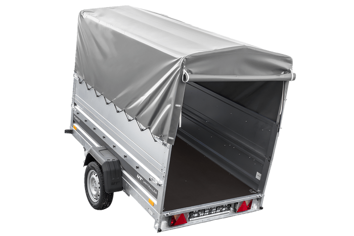 Einachsiger Federanhänger 230x125 UNITRAILER FORCE 230/R KIPP mit BIS-Seitenwänden, H-800-Rahmen und grauer Plane