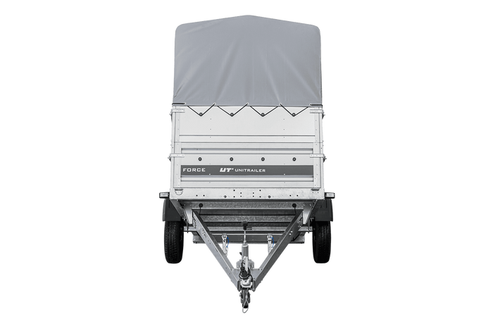 Autotransportanhänger 230x125 UNITRAILER FORCE 230 KIPP mit BIS-Seitenwänden, H-800-Rahmen und grauer Plane