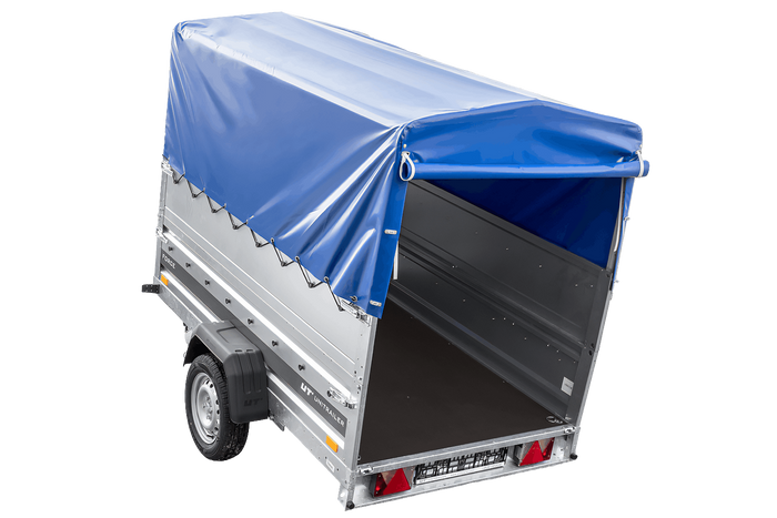 Einachsiger Anhänger auf Blattfedern 230x125 UNITRAILER FORCE 230/R KIPP mit BIS-Seitenwänden, H-800-Rahmen und blauer Plane