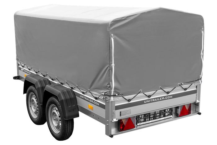 Zweiachsiger Anhänger mit Aluminiumseitenwänden 264x125 Unitrailer Garden 264/2 KIPP ALU mit H-800 Rahmen und grauer Plane